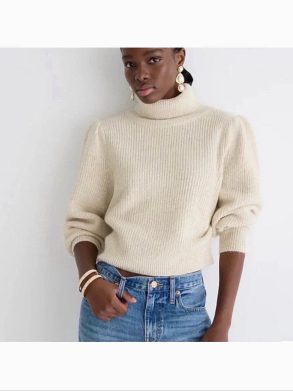 J. Crew Cream Cropped Puff Sleeve Turtleneck Sweater Wool Alpaca Size Medium